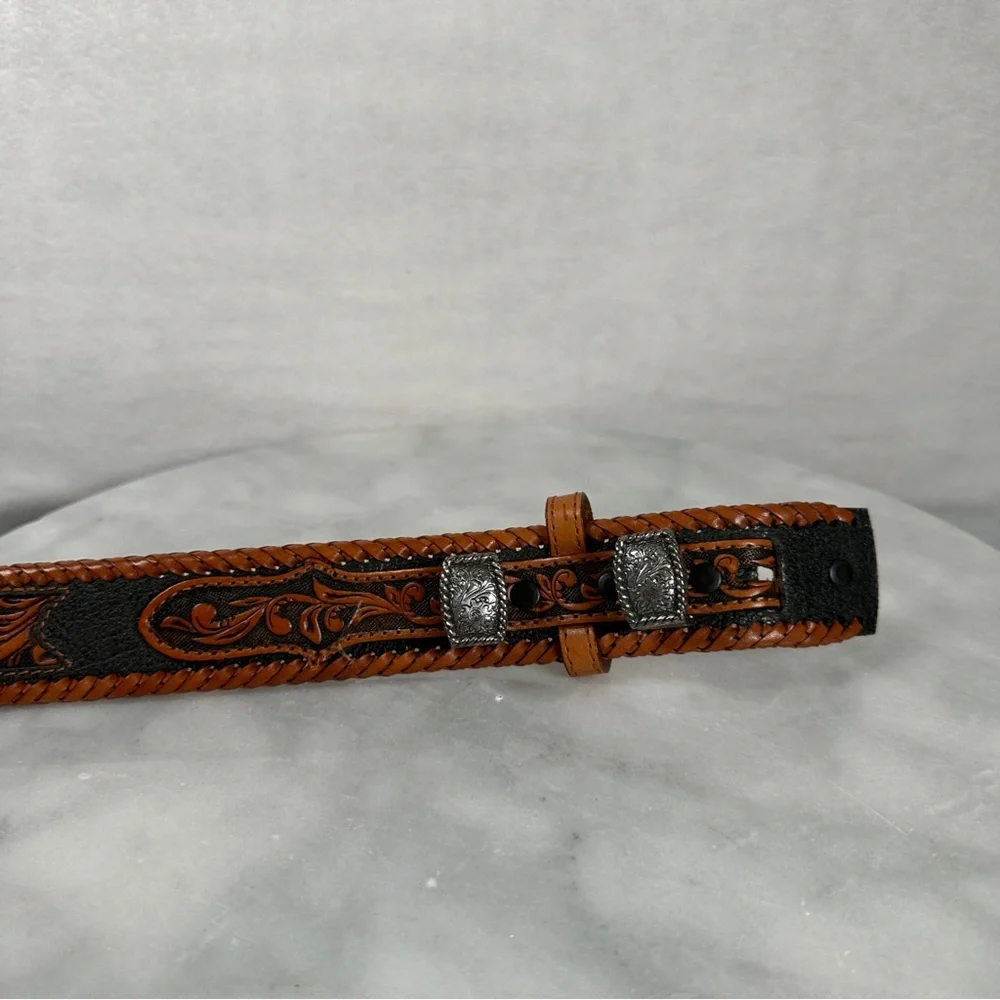 Brown Leather belt western‎ black tooled stitching Silver Buckle cowboy cowgirl